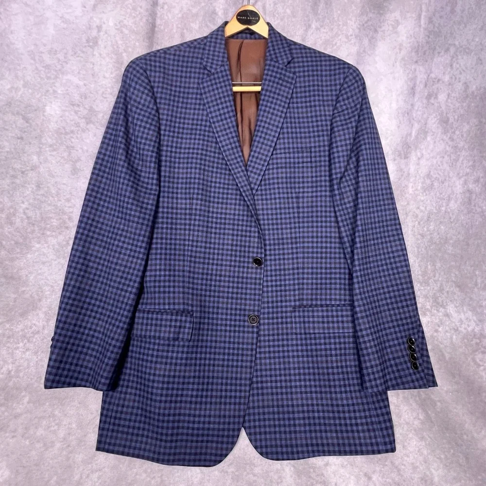 Hart Schaffner Marx Sport Coat Mens 44L Blue Gingham Wool Blend Blazer Excellent